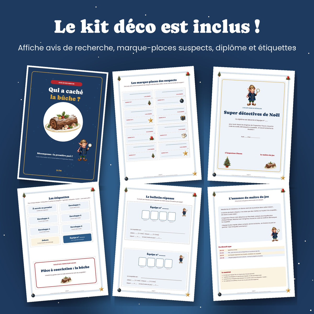 Kit déco escape game de Noël : affiche avis de recherche, marque-places, diplôme
