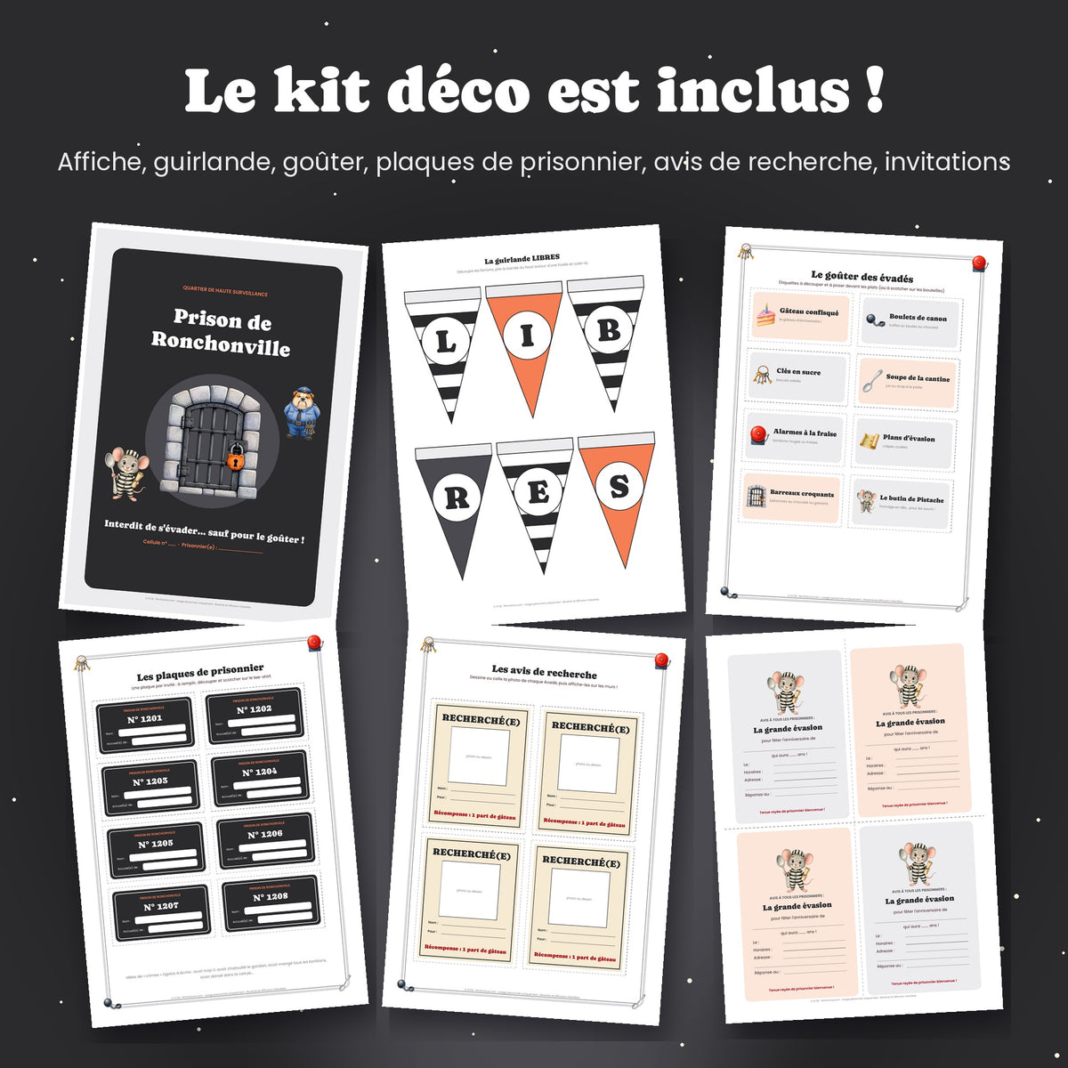 Kit déco anniversaire prison : affiche, guirlande, plaques de prisonnier