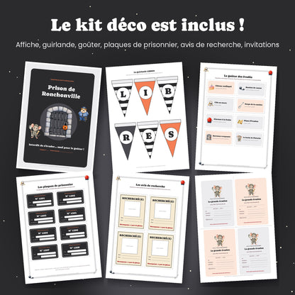 Kit déco anniversaire prison : affiche, guirlande, plaques de prisonnier