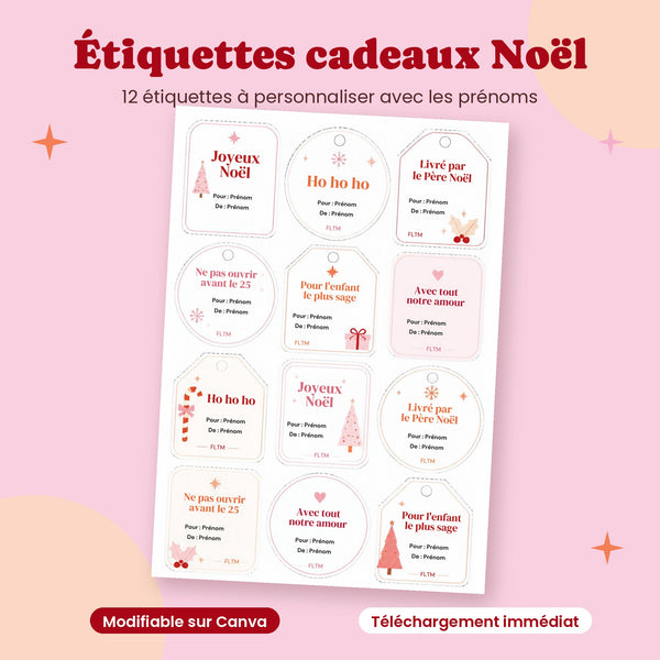 Étiquettes cadeaux Noël à personnaliser - Modèle Canva à imprimer