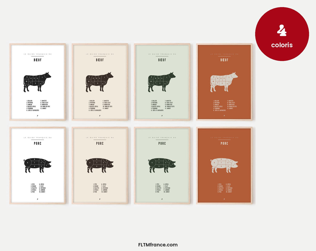 Affiches de boucherie en 4 coloris : blanc, crème, sauge, terracotta