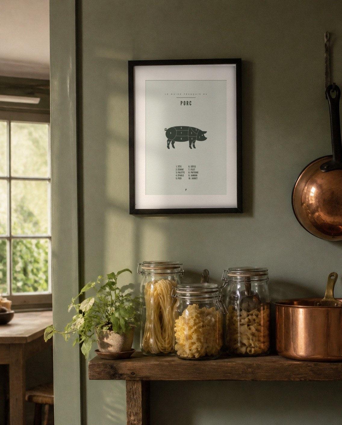 Affiche de boucherie encadrée dans une cuisine
