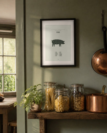 Affiche de boucherie encadrée dans une cuisine
