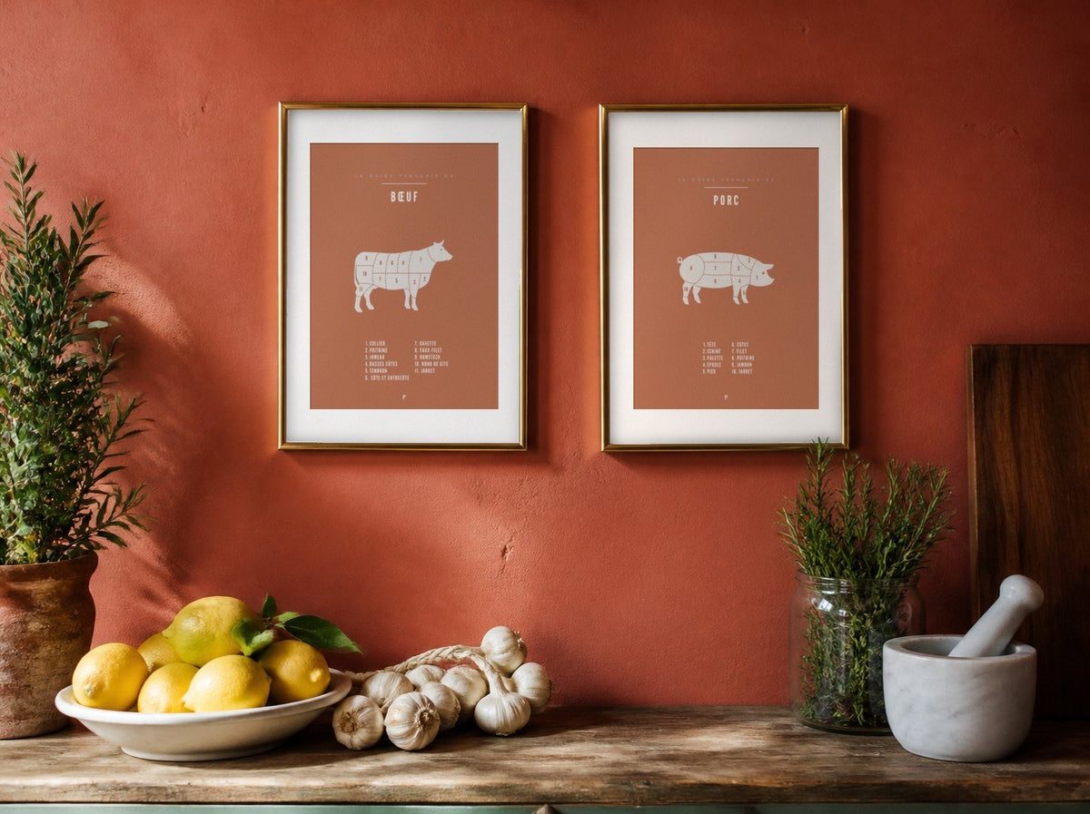 Affiche de boucherie encadrée dans une cuisine