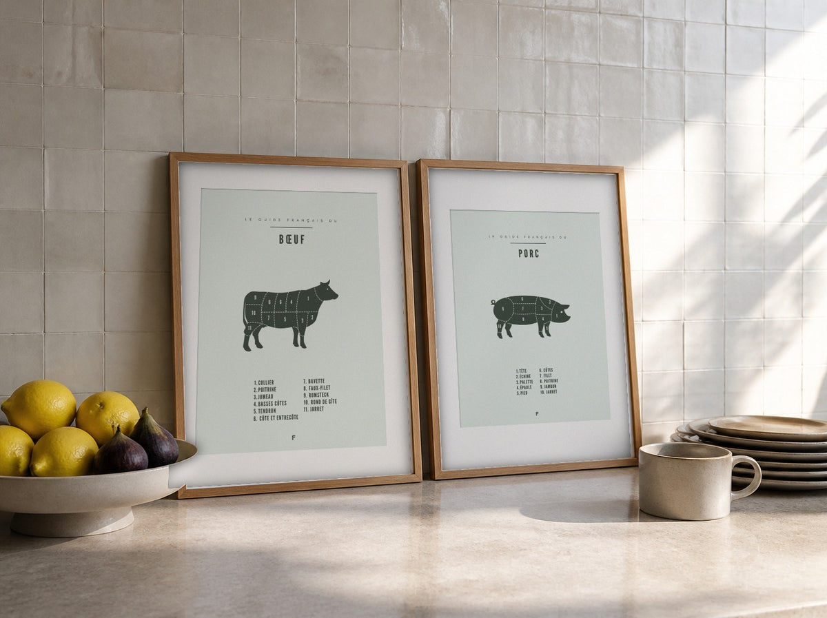Affiche de boucherie à imprimer, encadrée dans une cuisine