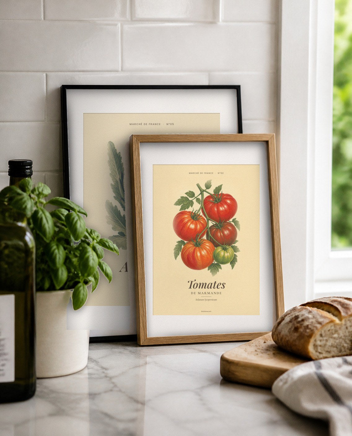 Affiche vintage fruits et légumes Marché de France encadrée dans une cuisine
