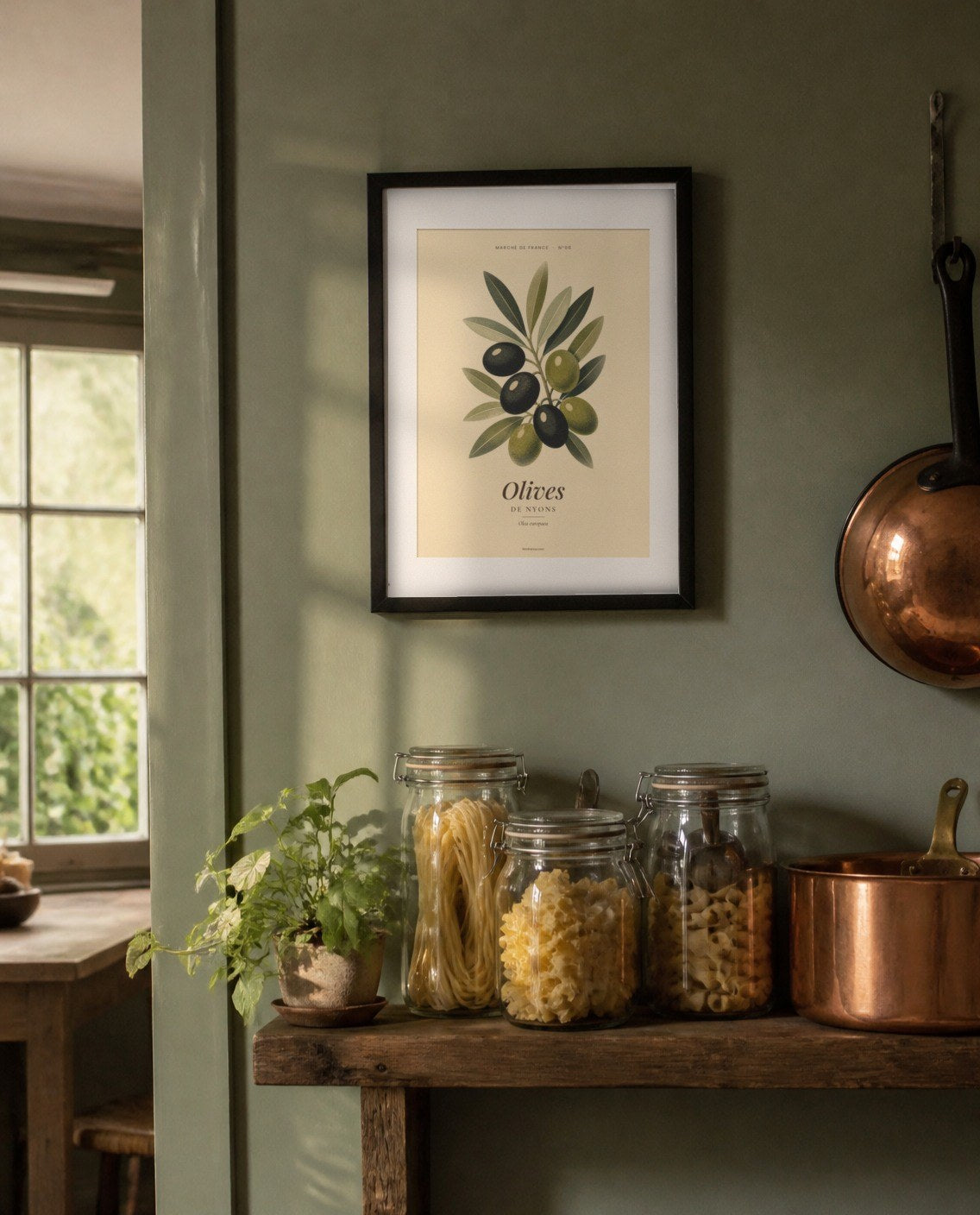 Affiche vintage fruits et légumes Marché de France encadrée dans une cuisine
