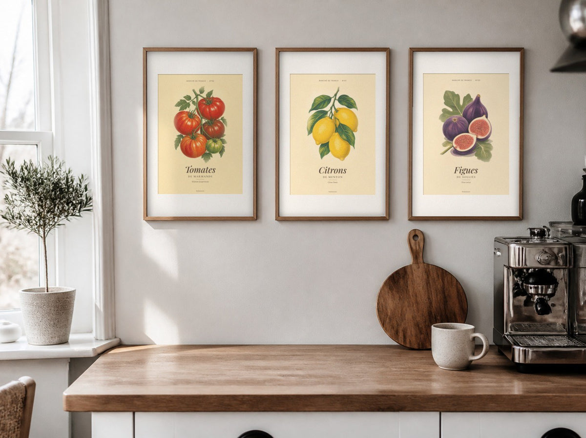Affiche vintage fruits et légumes Marché de France encadrée dans une cuisine