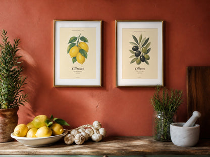 Affiche vintage fruits et légumes Marché de France encadrée dans une cuisine