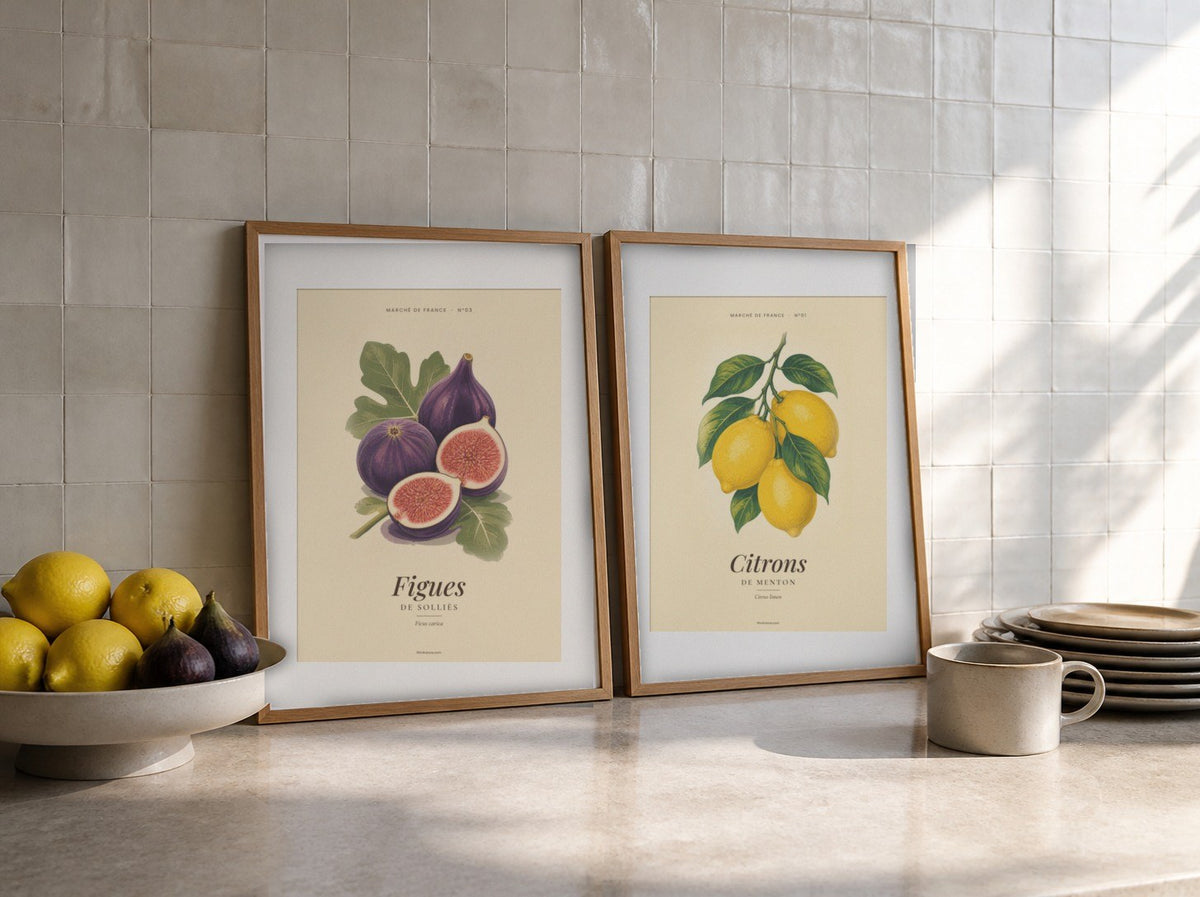 Affiche vintage fruits et légumes à imprimer, encadrée dans une cuisine