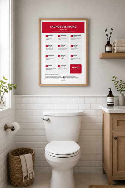 Affiche lavage des mains rouge encadrée dans des toilettes