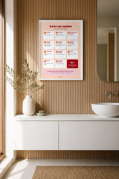 Affiche lave tes mains version maison dans une salle de bain