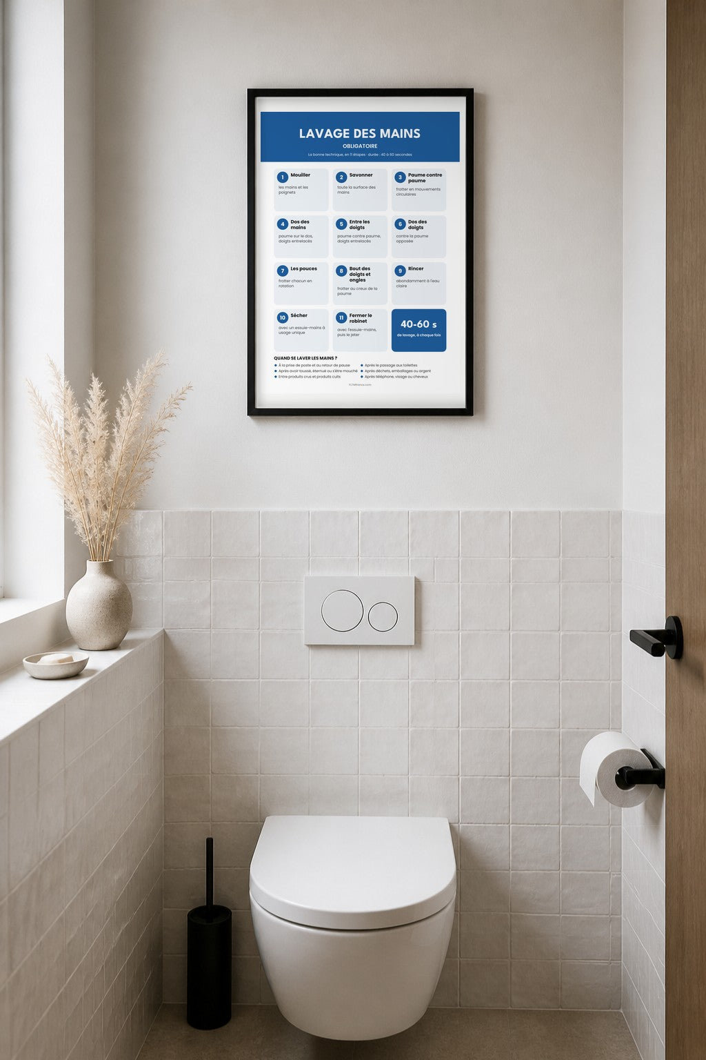 Affiche lavage des mains bleue au-dessus des toilettes
