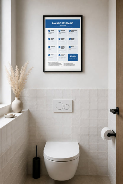 Affiche lavage des mains bleue au-dessus des toilettes