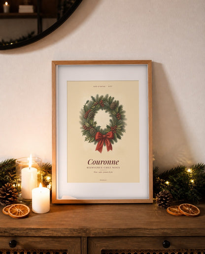 Affiche couronne de Noël vintage sur une console