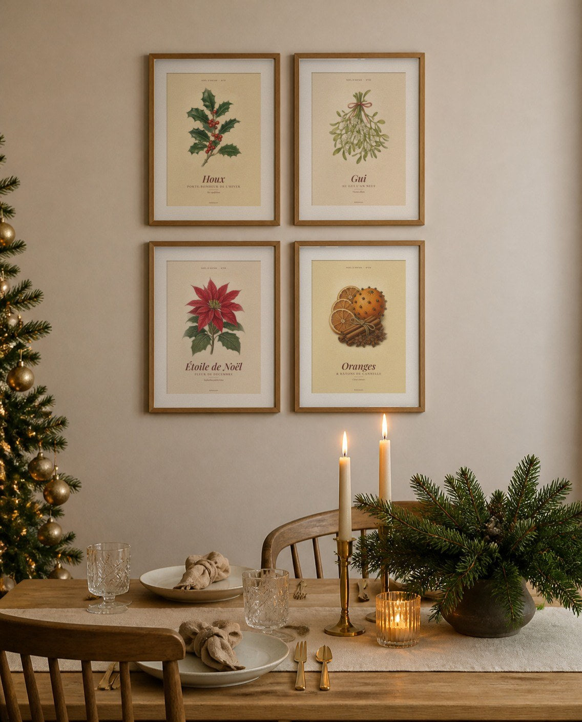 4 affiches de Noël vintage houx, gui, étoile de Noël, oranges