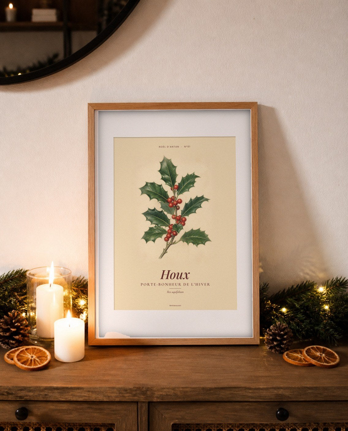 Affiche couronne de Noël vintage sur une console