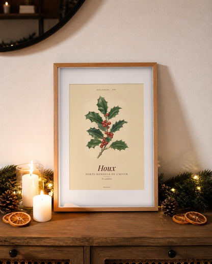 Affiche couronne de Noël vintage sur une console