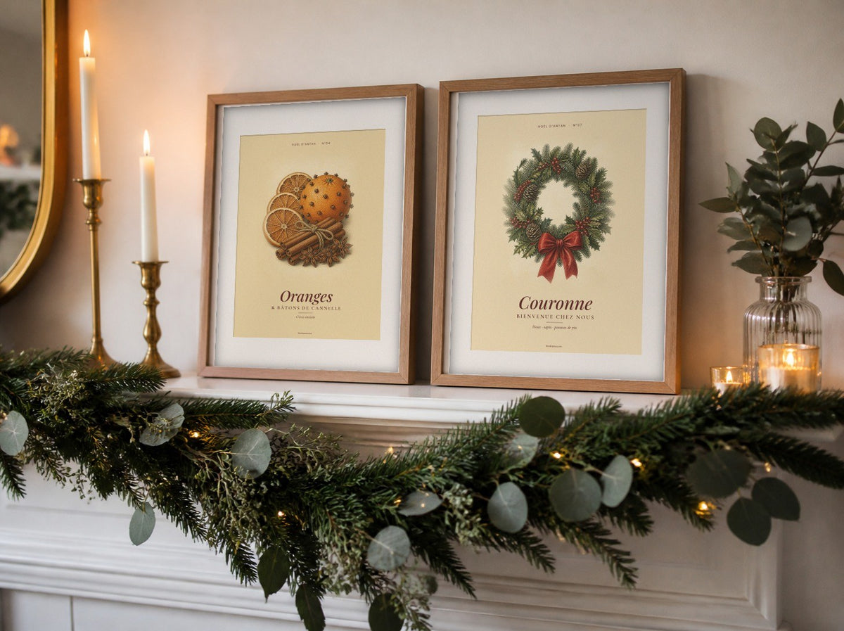 Affiches de Noël vintage sapin et houx sur une cheminée