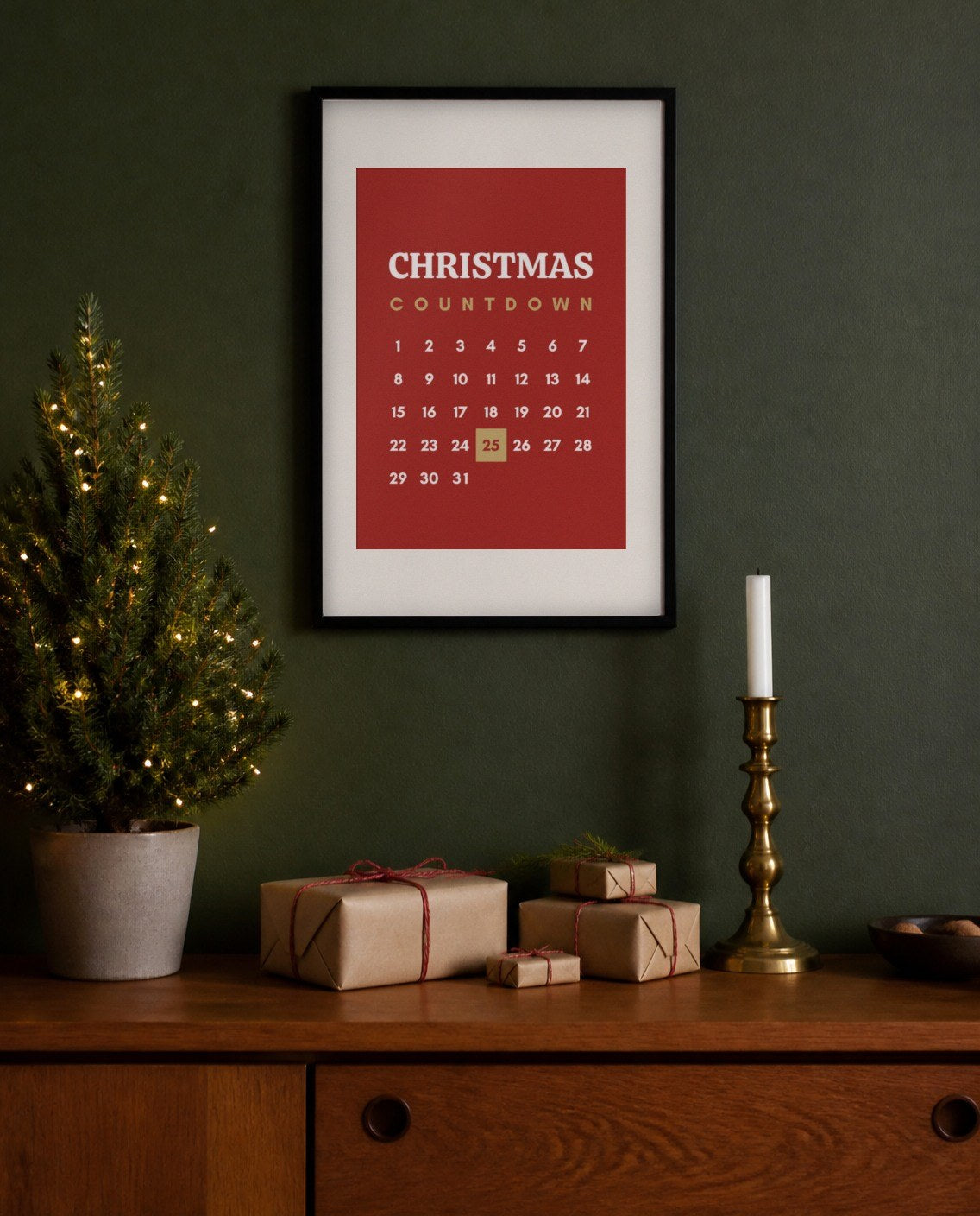 Affiche compte à rebours de Noël sur un mur vert