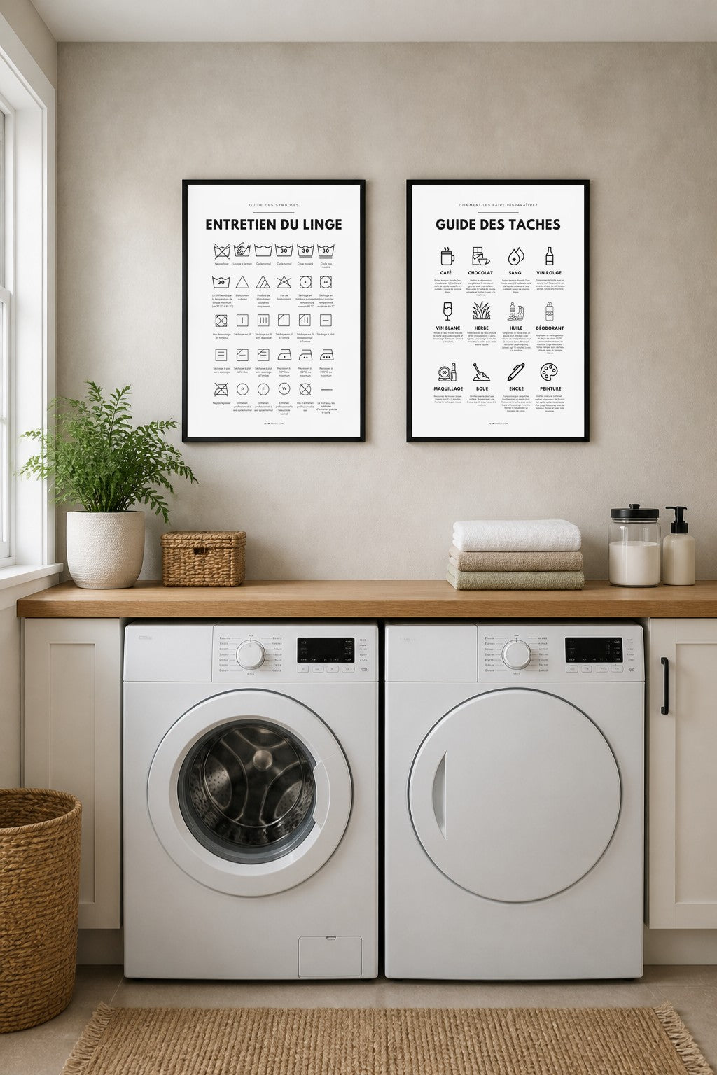 Affiches buanderie à imprimer : Entretien du linge – symboles (noir & blanc) + Guide des taches (noir & blanc)