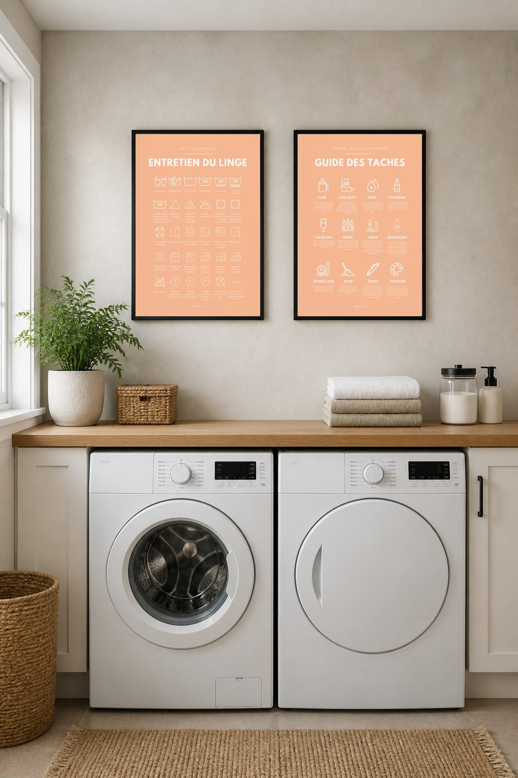 Affiches buanderie à imprimer : Entretien du linge – symboles (pêche) + Guide des taches (pêche)