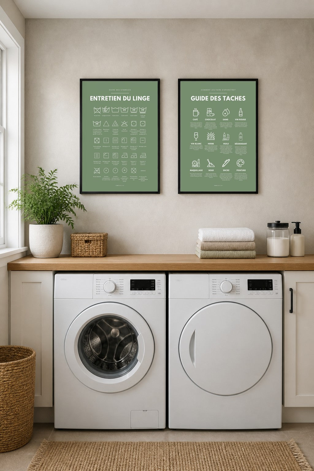 Affiches buanderie à imprimer : Entretien du linge – symboles (vert sauge) + Guide des taches (vert sauge)