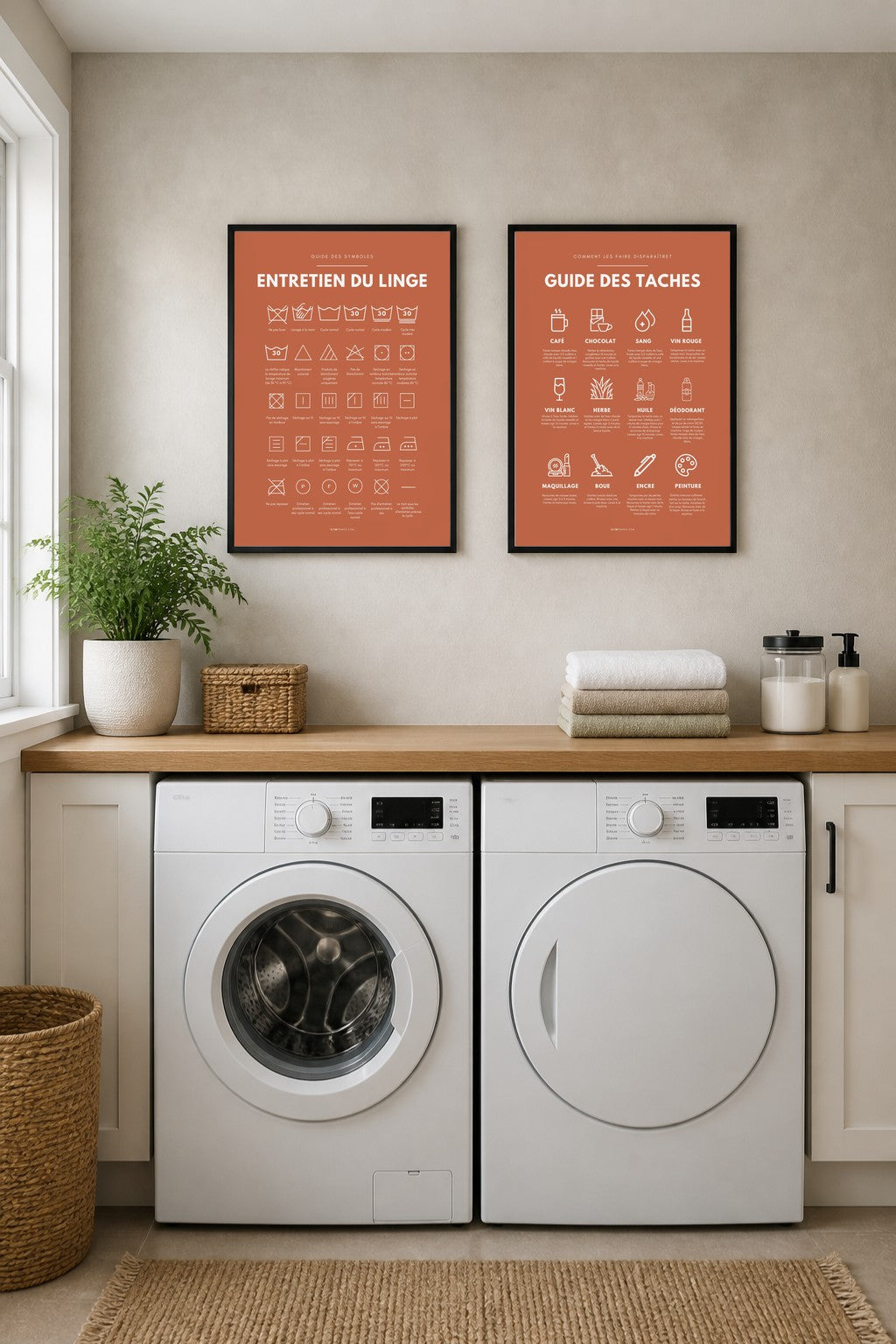 Affiches buanderie à imprimer : Entretien du linge – symboles (terracotta) + Guide des taches (terracotta)