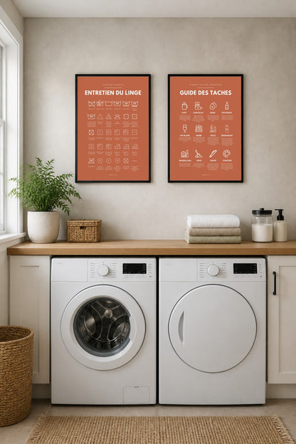 Affiches buanderie à imprimer : Entretien du linge – symboles (terracotta) + Guide des taches (terracotta)