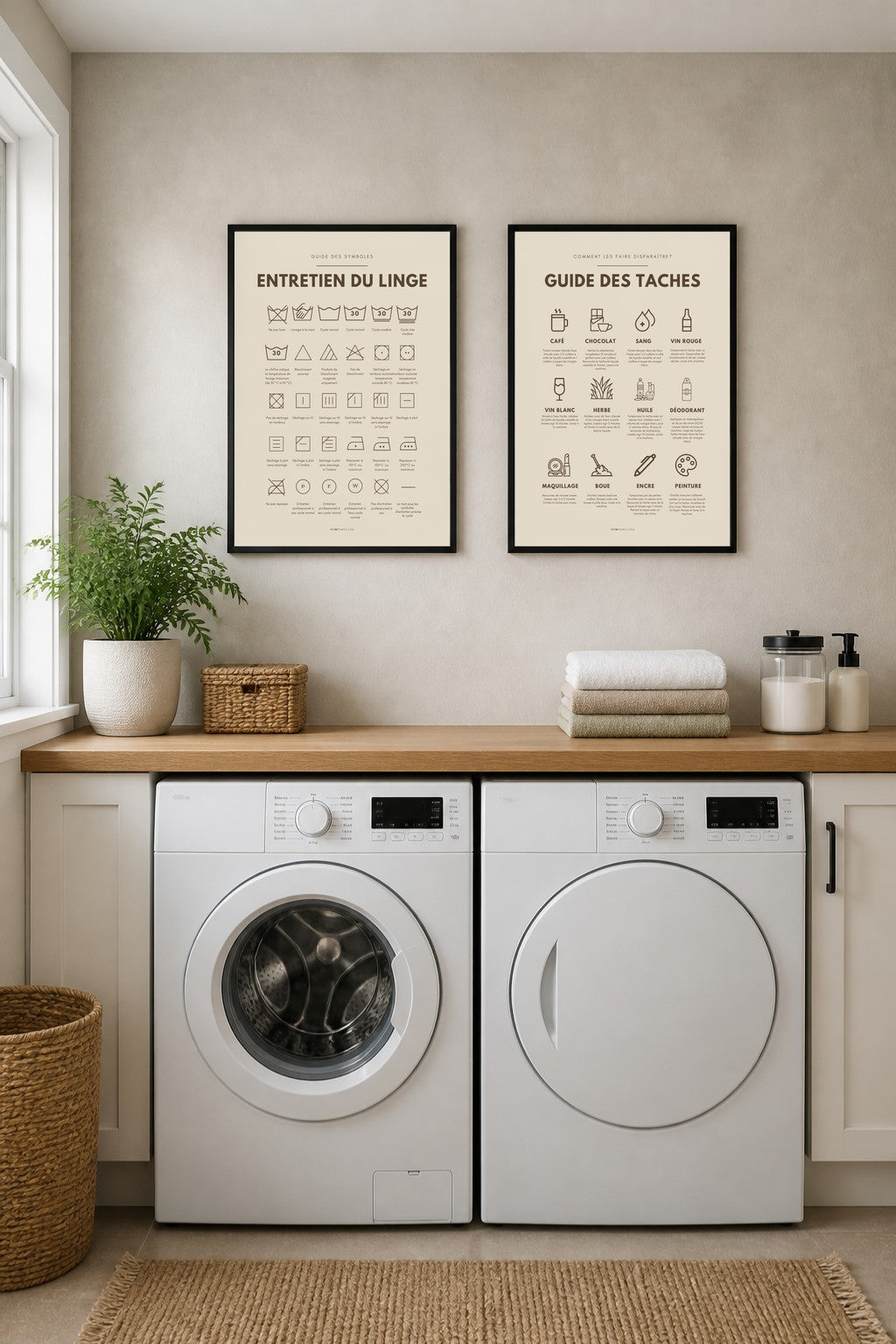 Affiches buanderie à imprimer : Entretien du linge – symboles (beige lin) + Guide des taches (beige lin)