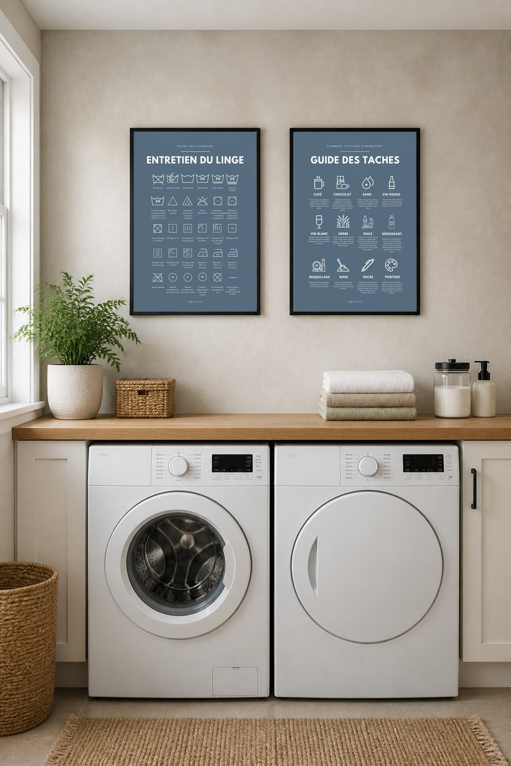 Affiches buanderie à imprimer : Entretien du linge – symboles (bleu ardoise) + Guide des taches (bleu ardoise)
