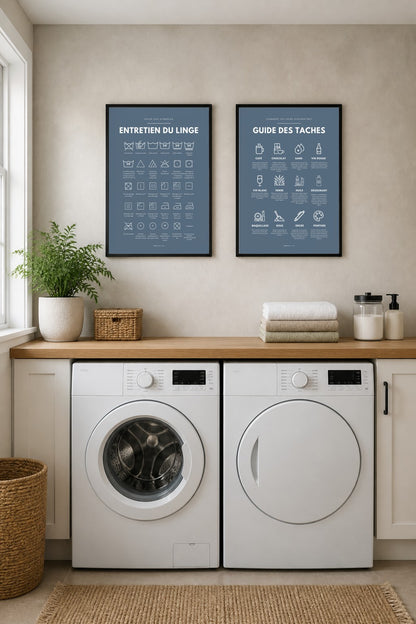 Affiches buanderie à imprimer : Entretien du linge – symboles (bleu ardoise) + Guide des taches (bleu ardoise)