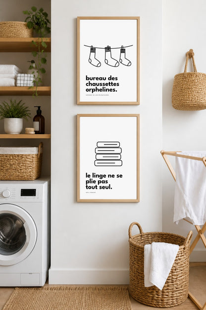 Affiches buanderie à imprimer : Bureau des chaussettes orphelines + Le linge ne se plie pas tout seul