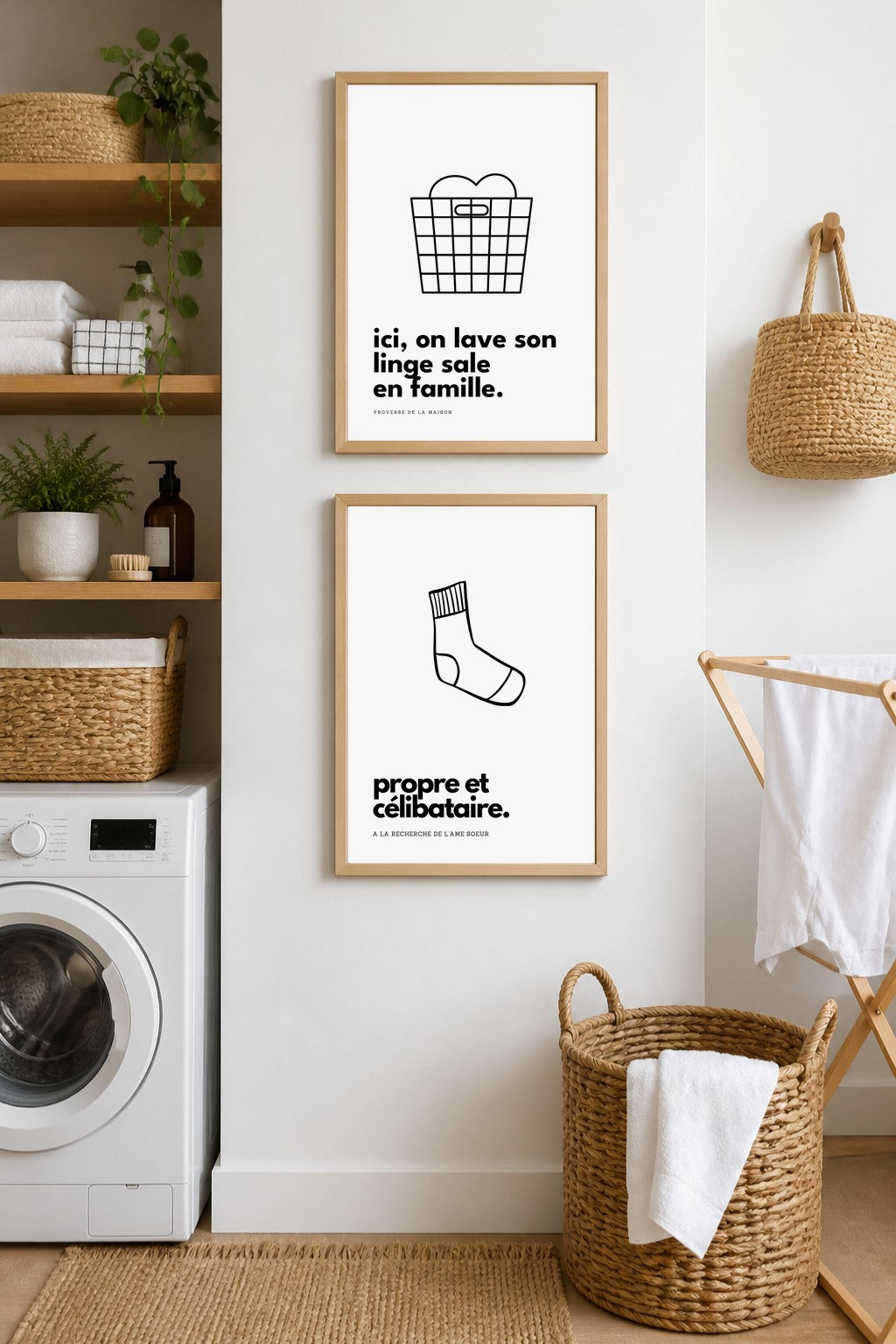 Affiches buanderie à imprimer : Ici, on lave son linge sale en famille + Propre et célibataire