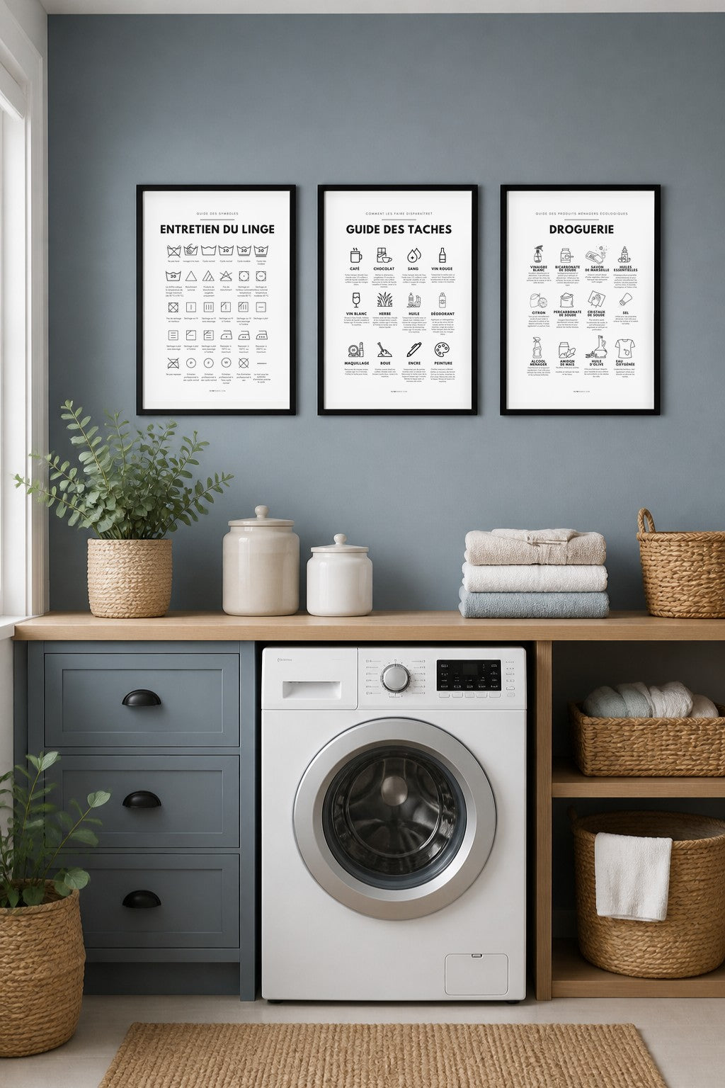 Affiches buanderie à imprimer : Entretien du linge – symboles (noir & blanc) + Guide des taches (noir & blanc) + Droguerie écologique (noir & blanc)