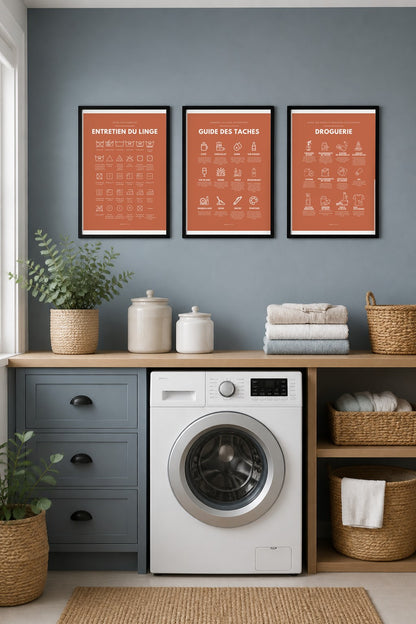 Affiches buanderie à imprimer : Entretien du linge – symboles (terracotta) + Guide des taches (terracotta) + Droguerie écologique (terracotta)