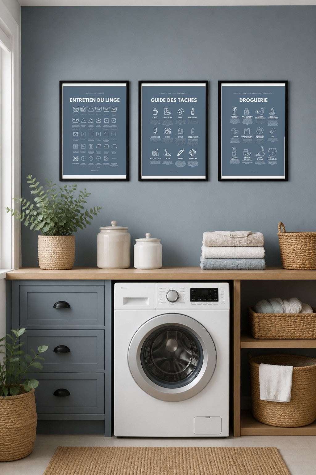 Affiches buanderie à imprimer : Entretien du linge – symboles (bleu ardoise) + Guide des taches (bleu ardoise) + Droguerie écologique (bleu ardoise)