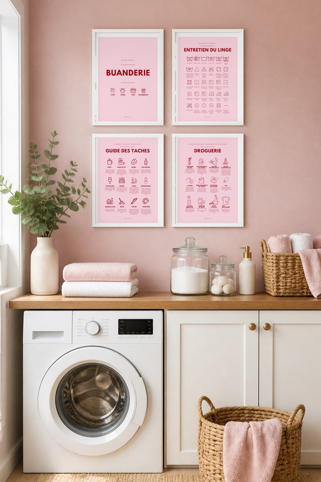 Affiches buanderie à imprimer : Buanderie – Ouvert 24h/24 (rose poudré) + Entretien du linge – symboles (rose poudré) + Guide des taches (rose poudré) + Droguerie écologique (rose poudré)