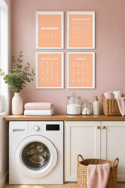 Affiches buanderie à imprimer : Buanderie – Ouvert 24h/24 (pêche) + Entretien du linge – symboles (pêche) + Guide des taches (pêche) + Droguerie écologique (pêche)