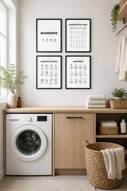 Affiches buanderie à imprimer : Buanderie – Ouvert 24h/24 (noir & blanc) + Entretien du linge – symboles (noir & blanc) + Guide des taches (noir & blanc) + Droguerie écologique (noir & blanc)