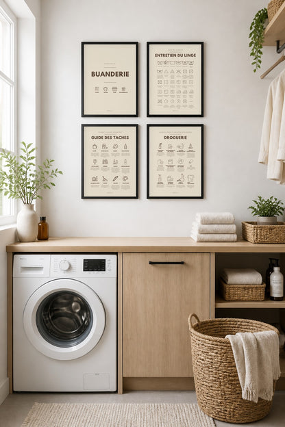 Affiches buanderie à imprimer : Buanderie – Ouvert 24h/24 (beige lin) + Entretien du linge – symboles (beige lin) + Guide des taches (beige lin) + Droguerie écologique (beige lin)
