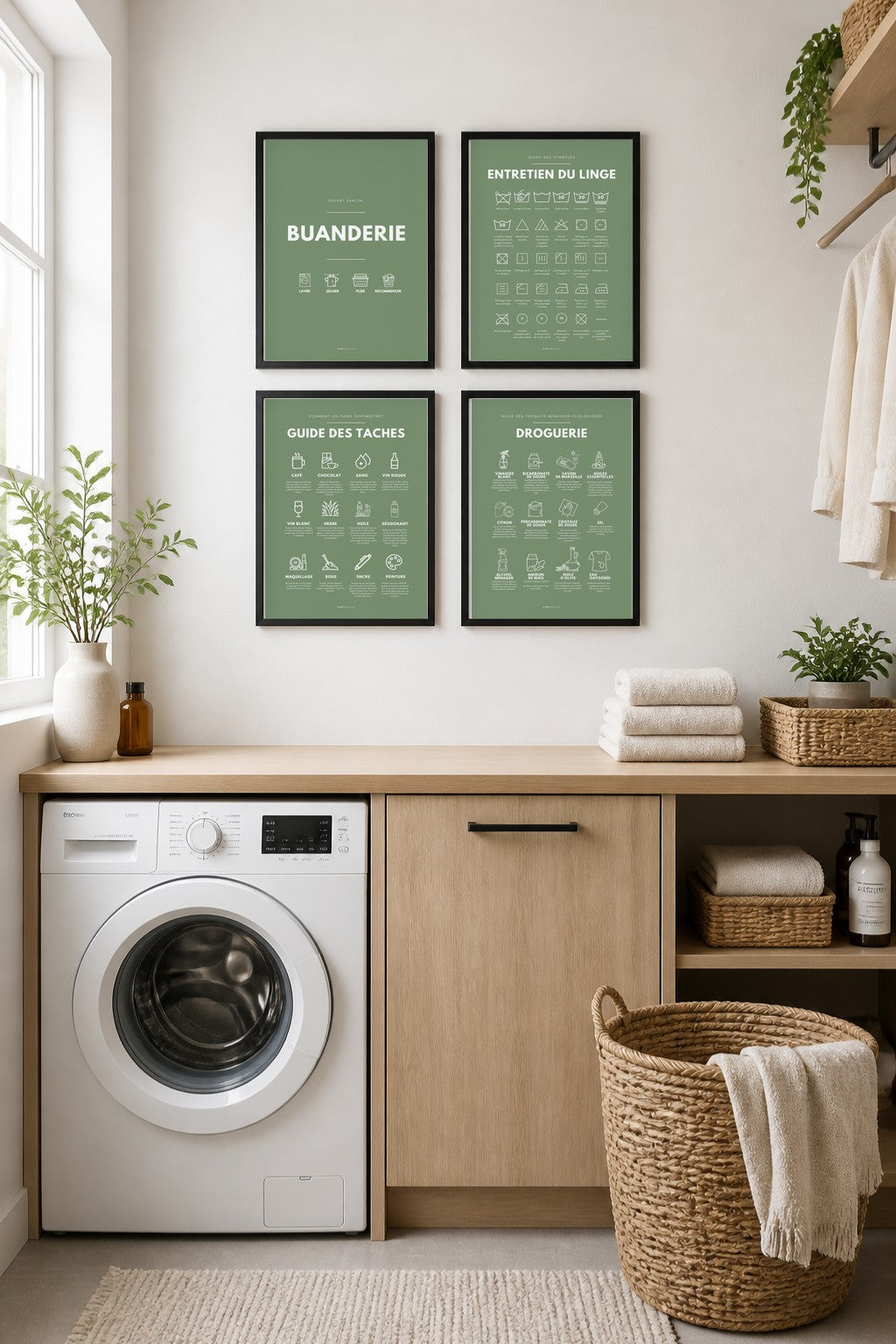 Affiches buanderie à imprimer : Buanderie – Ouvert 24h/24 (vert sauge) + Entretien du linge – symboles (vert sauge) + Guide des taches (vert sauge) + Droguerie écologique (vert sauge)
