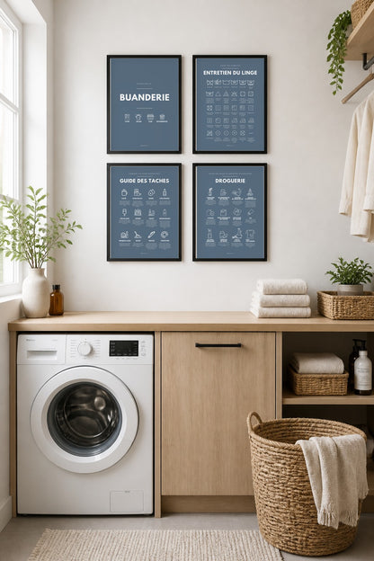 Affiches buanderie à imprimer : Buanderie – Ouvert 24h/24 (bleu ardoise) + Entretien du linge – symboles (bleu ardoise) + Guide des taches (bleu ardoise) + Droguerie écologique (bleu ardoise)