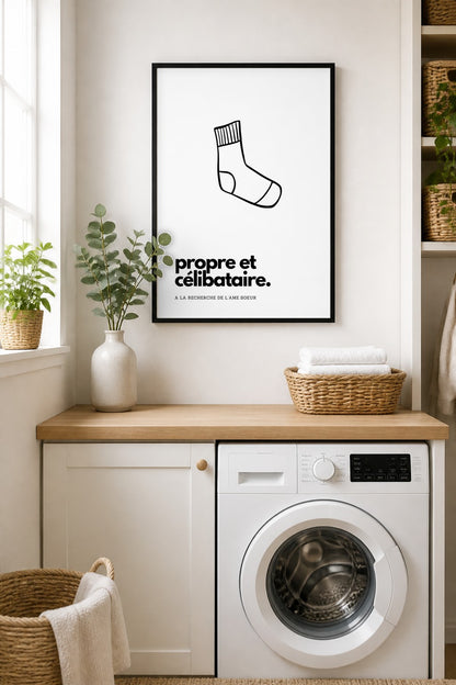 Affiche buanderie à imprimer : Propre et célibataire