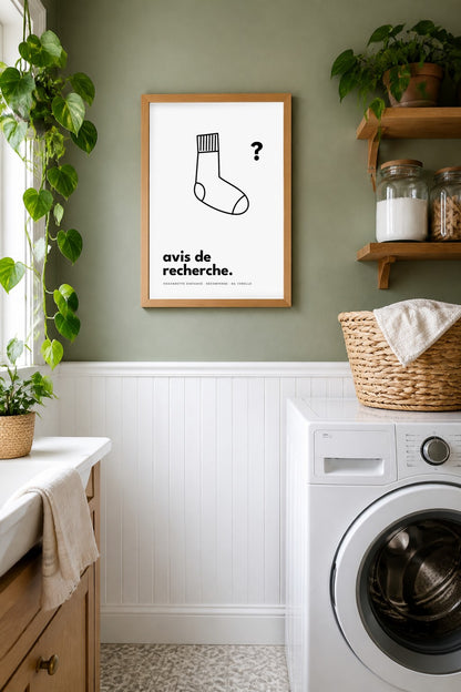 Affiche buanderie à imprimer : Avis de recherche (chaussette)