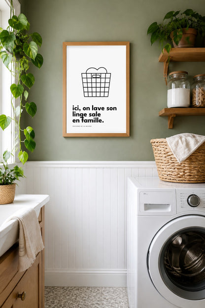 Affiche buanderie à imprimer : Ici, on lave son linge sale en famille