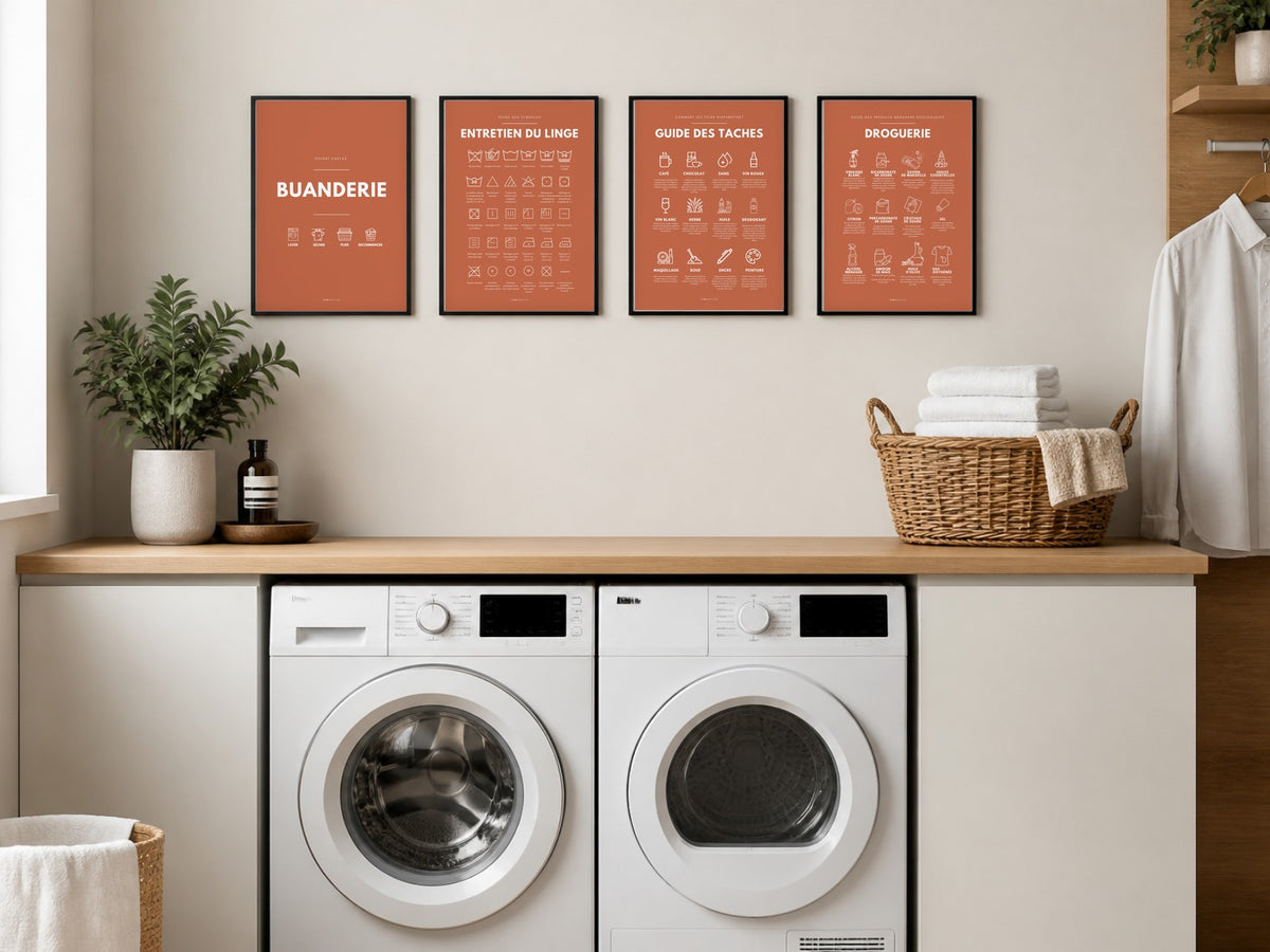 Affiches buanderie terracotta au-dessus du lave-linge