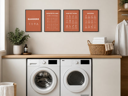 Affiches buanderie terracotta au-dessus du lave-linge