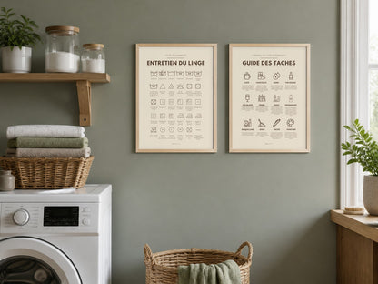 Affiches entretien du linge et guide des taches beige lin dans une buanderie vert sauge