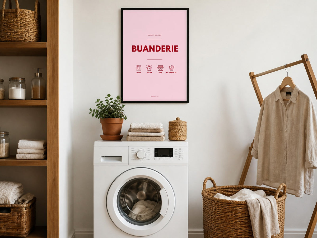 Affiche buanderie rose poudré au-dessus de la machine à laver